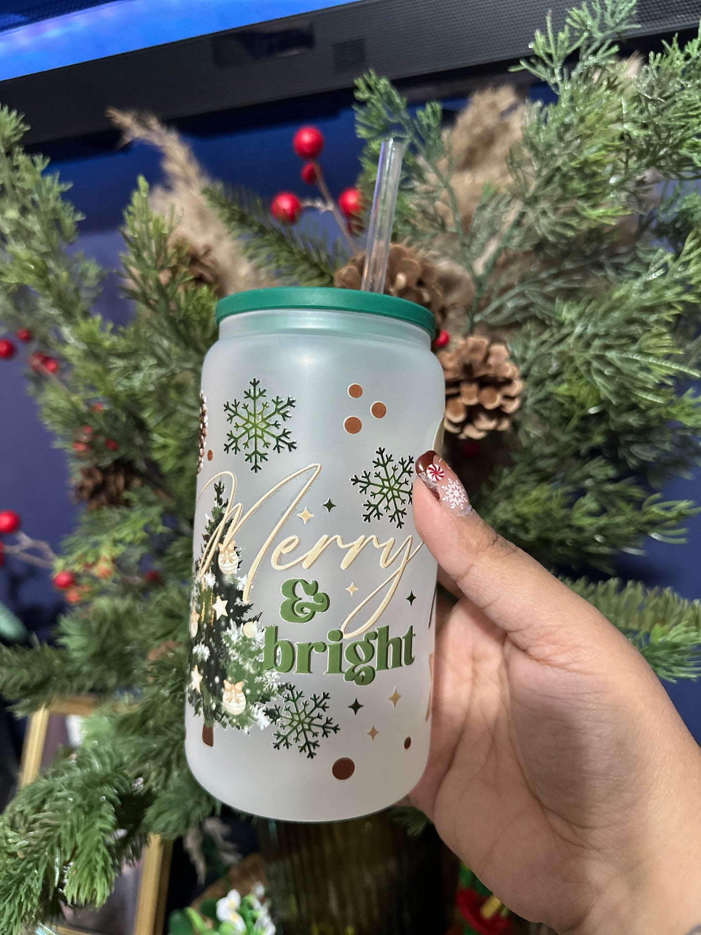 Merry & Bright 16oz Glass Can