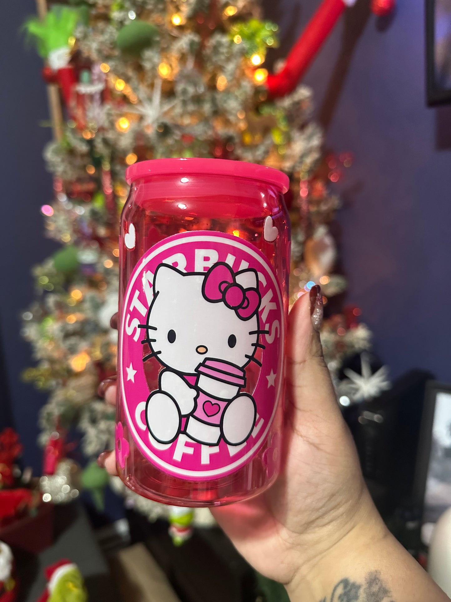 Kitty Bows and Flowers 16oz Plastic Acrylic Can | Glass Can | for Kids and Adults