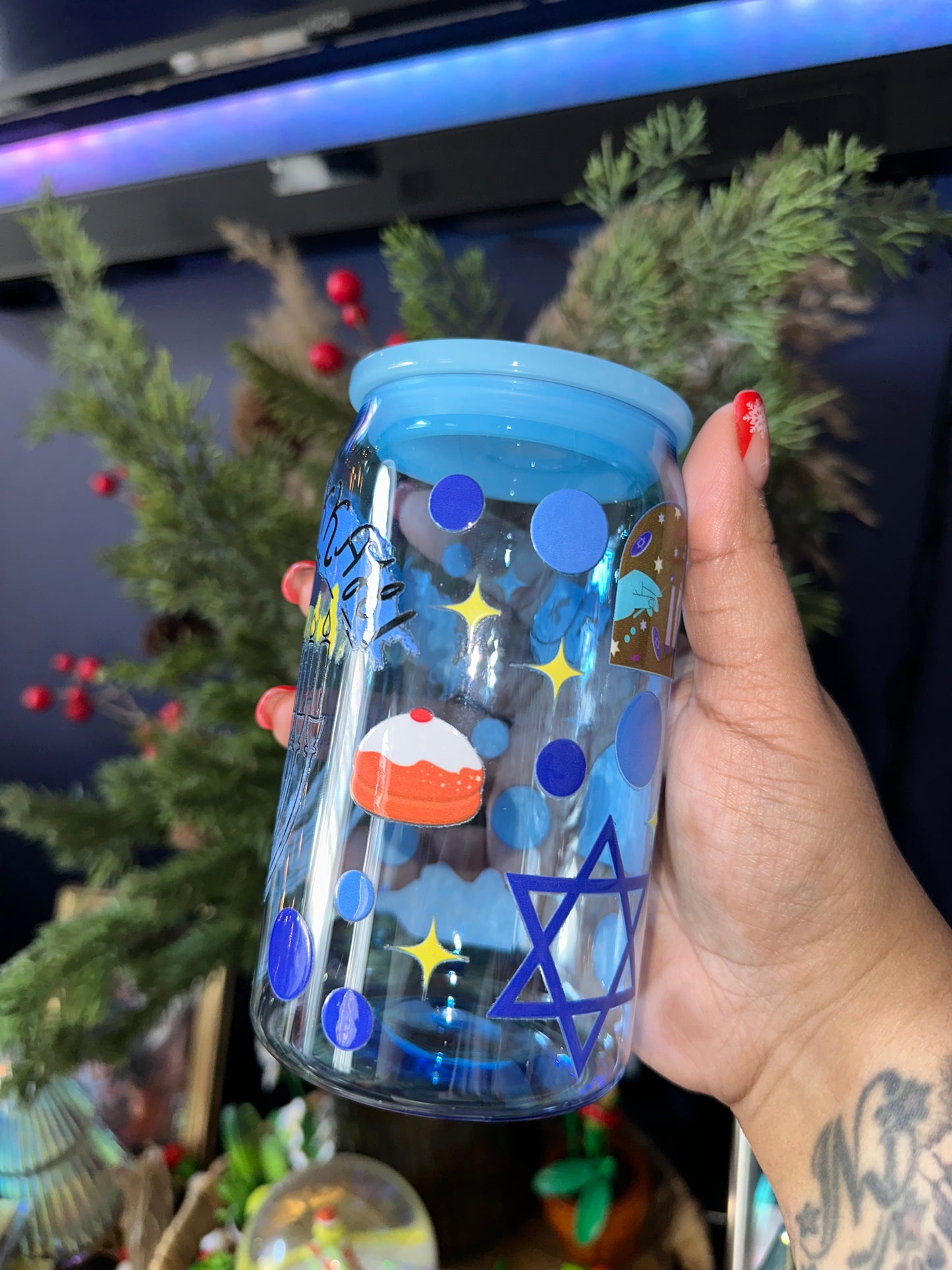 Happy Hanukkah 16oz Plastic Acrylic Can | Glass Can | for Kids and Adults