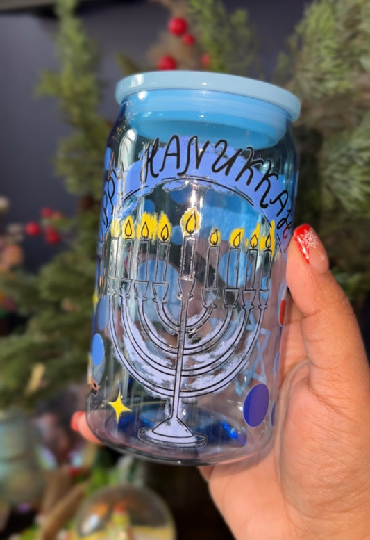 Happy Hanukkah 16oz Plastic Acrylic Can | Glass Can | for Kids and Adults