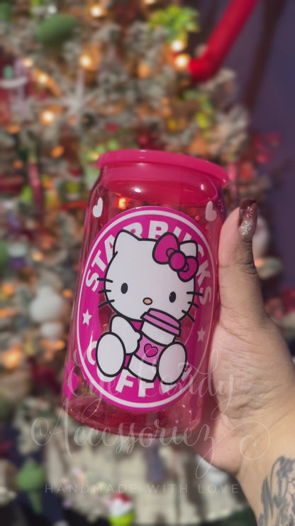 Kitty Bows and Flowers 16oz Plastic Acrylic Can | Glass Can | for Kids and Adults